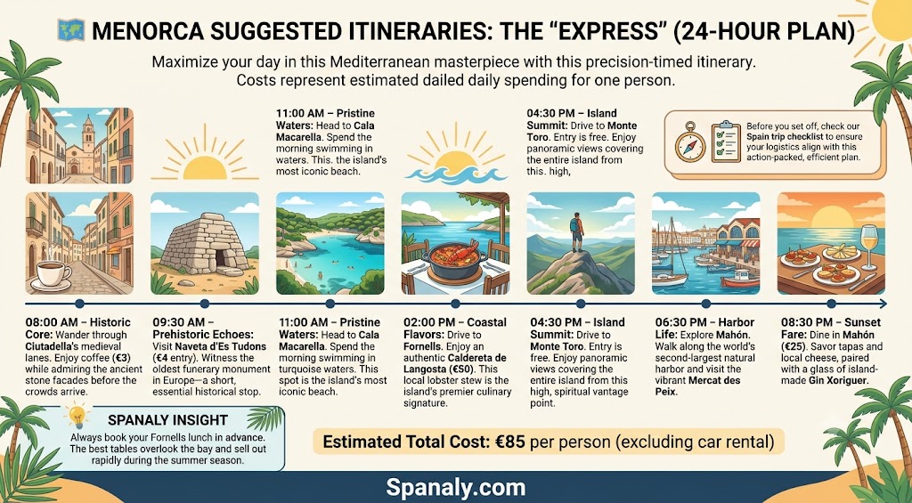 Colorful 24-hour express itinerary infographic for Menorca, featuring a timed schedule of top activities including Ciutadella, Naveta d'Es Tudons, Cala Macarella, Fornells, Monte Toro, and Mahón harbor.