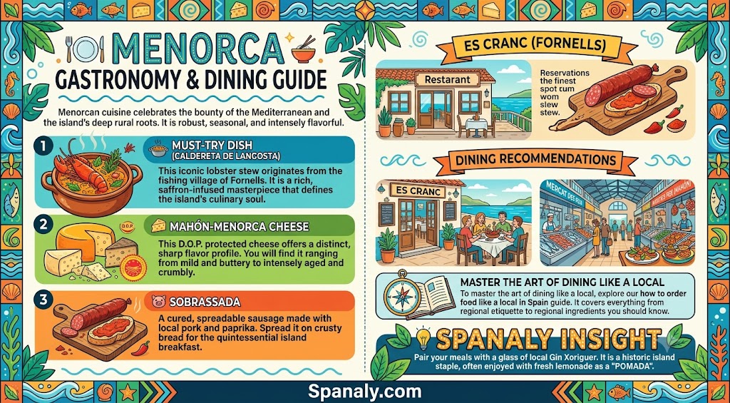Colorful Menorca gastronomy infographic featuring iconic dishes like Caldereta de Langosta, Mahón-Menorca cheese, and Sobrassada, with top dining recommendations for food lovers visiting the island.