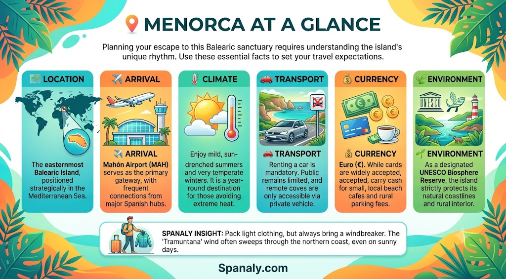 Colorful infographic highlighting essential Menorca travel tips including location, Mahón airport arrival, climate, car rental necessity, currency, and UNESCO environment status.