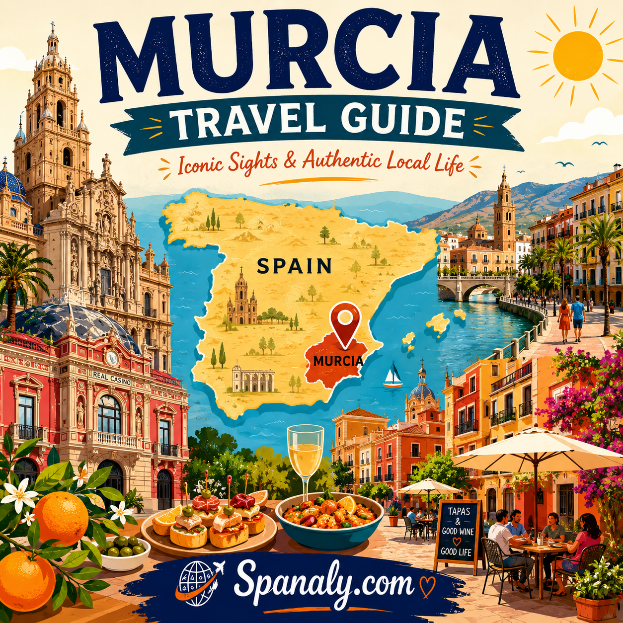Colorful illustrated travel guide cover for Murcia, Spain, featuring a map of Spain with Murcia highlighted, Murcia Cathedral, Real Casino de Murcia, the Segura River, vibrant plazas, local gastronomy, orange groves, and authentic Mediterranean city life.