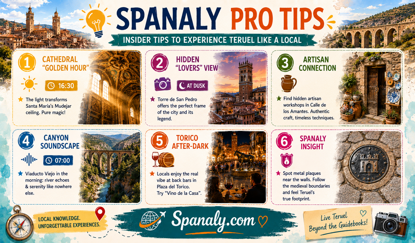Colorful travel infographic featuring exclusive Spanaly insider tips for Teruel, Spain, including hidden viewpoints, golden hour photography spots, local artisan workshops, medieval landmarks, Plaza del Torico experiences, and authentic cultural discoveries.