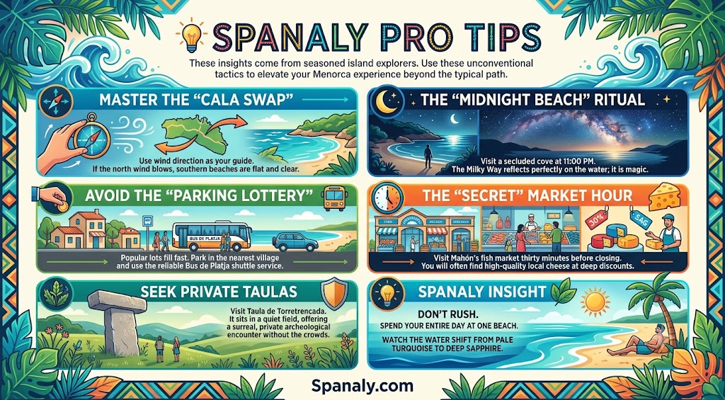 Colorful infographic featuring essential Menorca travel hacks and pro tips, including advice on beach selection, parking strategies, secret market shopping, and exploring archeological sites like Taula de Torretrencada.