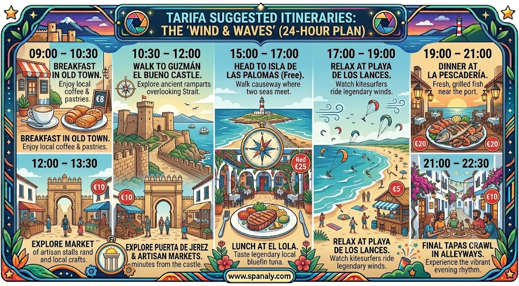 A 24-hour travel itinerary infographic for Tarifa, Spain, detailing a perfect day of sightseeing, dining, and coastal activities for tourists.