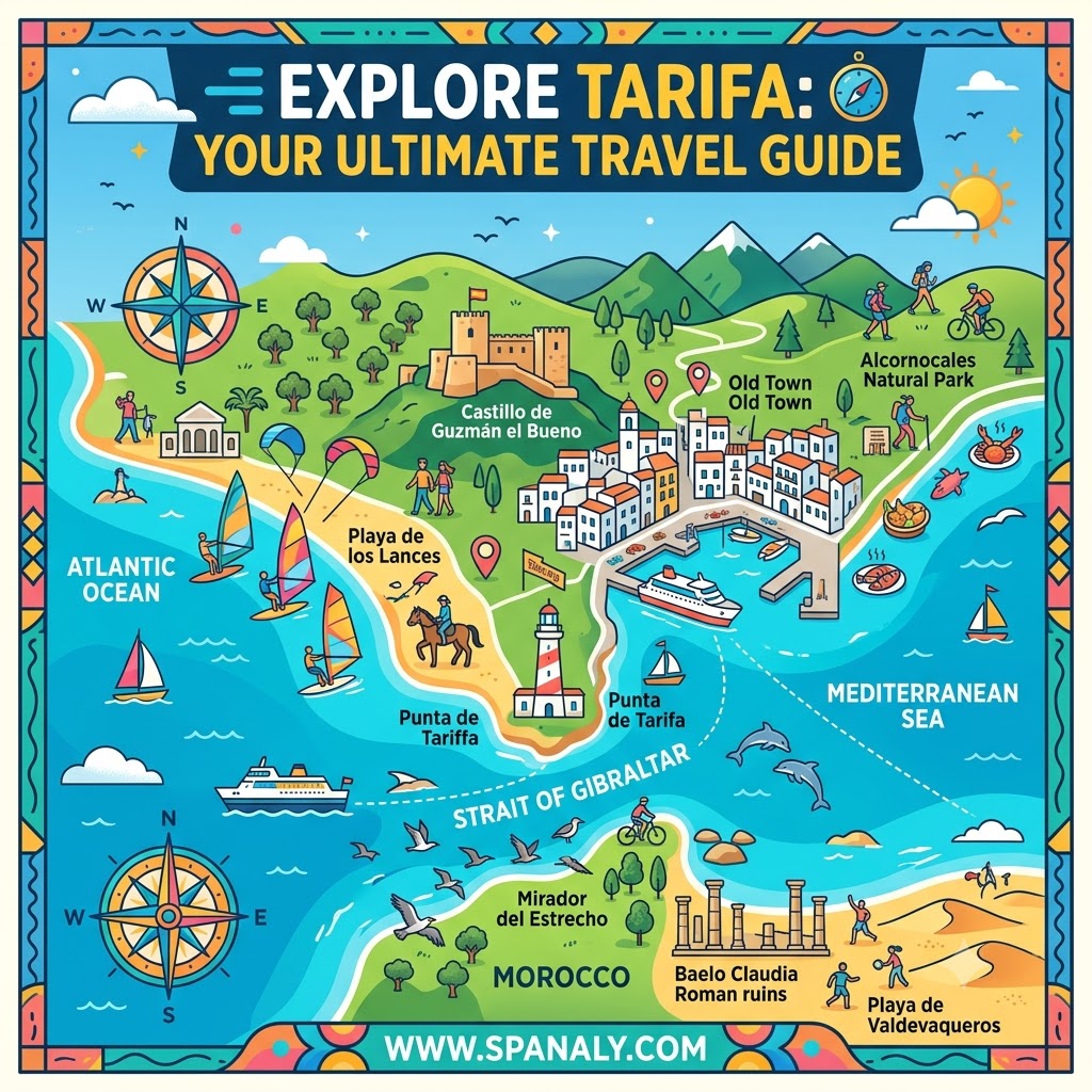 Vibrant infographic map of Tarifa, Spain, showcasing top landmarks, beaches, and the Strait of Gibraltar for travelers.