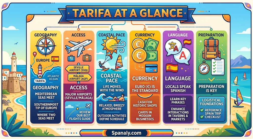 An informative infographic highlighting key travel facts for Tarifa, including geography, access, currency, and local tips for visitors.