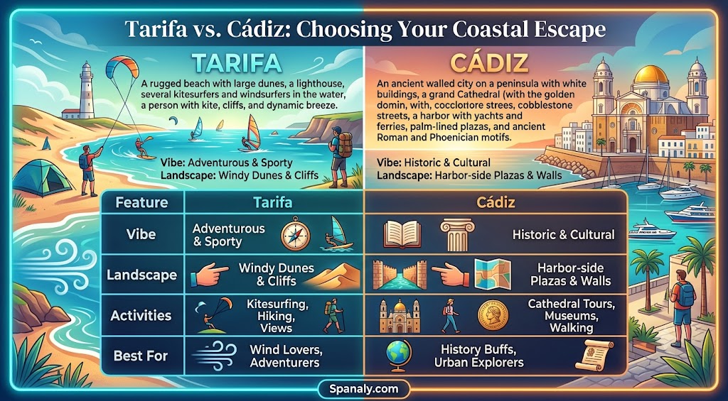 A comparison infographic between Tarifa and Cádiz, helping travelers choose their ideal Spanish coastal destination based on vibe, landscape, and activities.