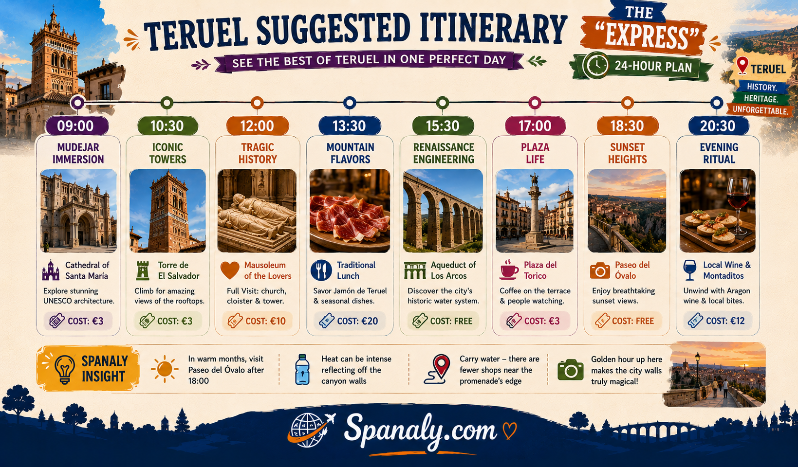 Colorful travel itinerary infographic for Teruel, Spain, featuring a 24-hour sightseeing plan with Teruel Cathedral, Torre de El Salvador, Mausoleum of the Lovers, Plaza del Torico, Aqueduct of Los Arcos, local gastronomy, and sunset viewpoints.