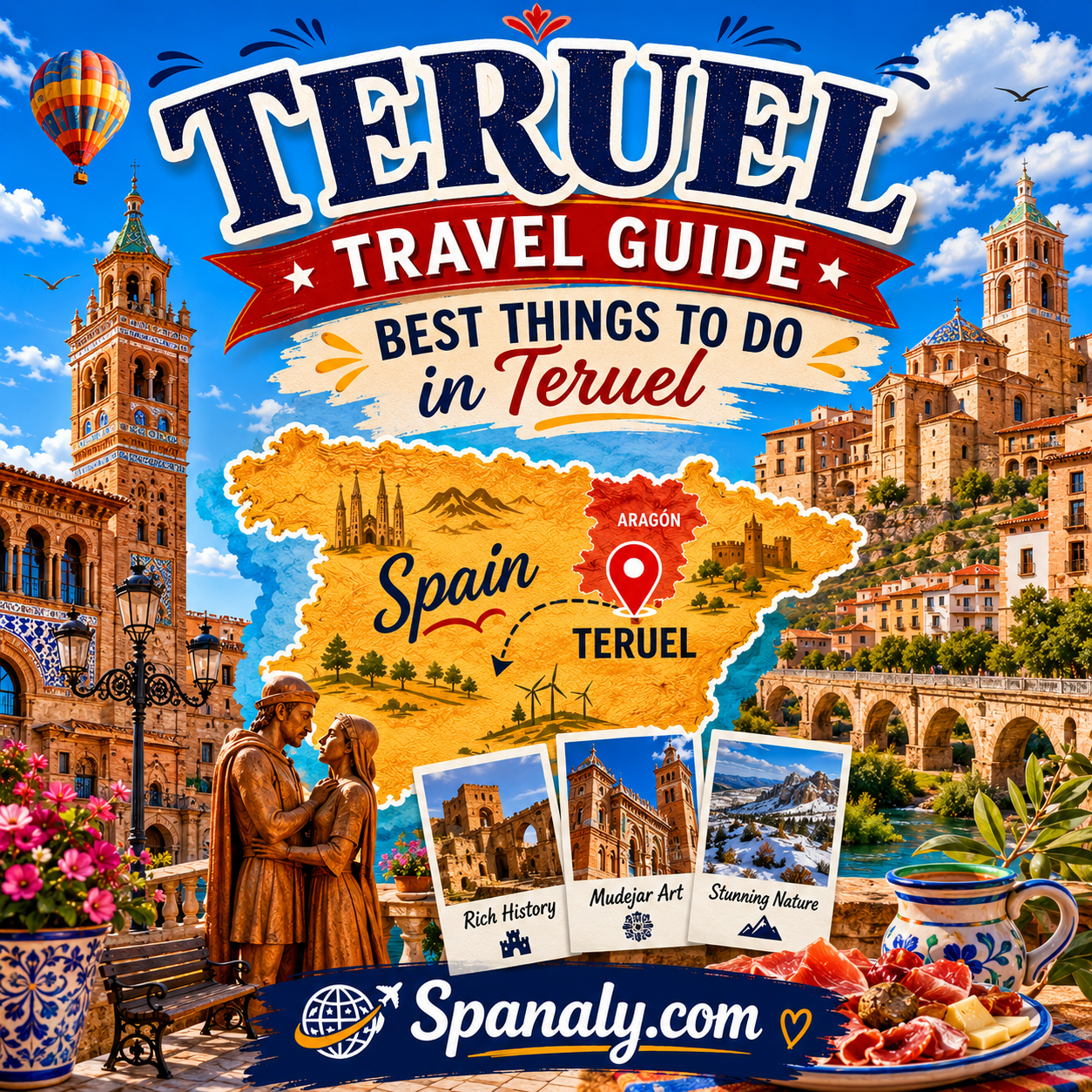 Colorful illustrated travel guide cover for Teruel, Spain, featuring a map of Spain with Teruel highlighted, Mudéjar architecture, historic landmarks, the Lovers of Teruel monument, scenic Aragon landscapes, and iconic cultural attractions in a vibrant flat vector style.