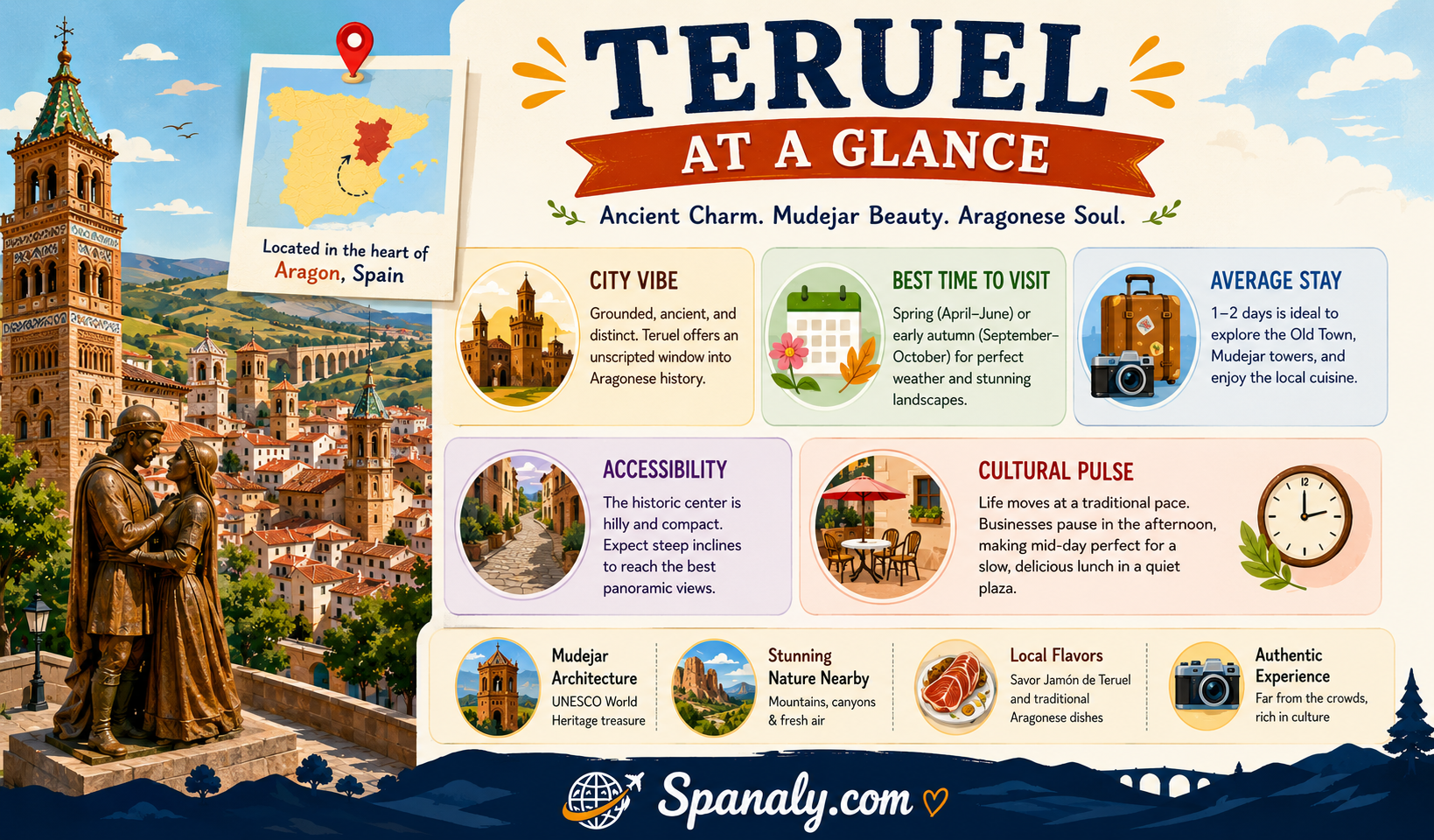 Colorful travel infographic for Teruel, Spain, highlighting city vibe, best time to visit, average stay, accessibility, cultural atmosphere, Mudéjar architecture, local cuisine, and key travel facts in a vibrant illustrated design.