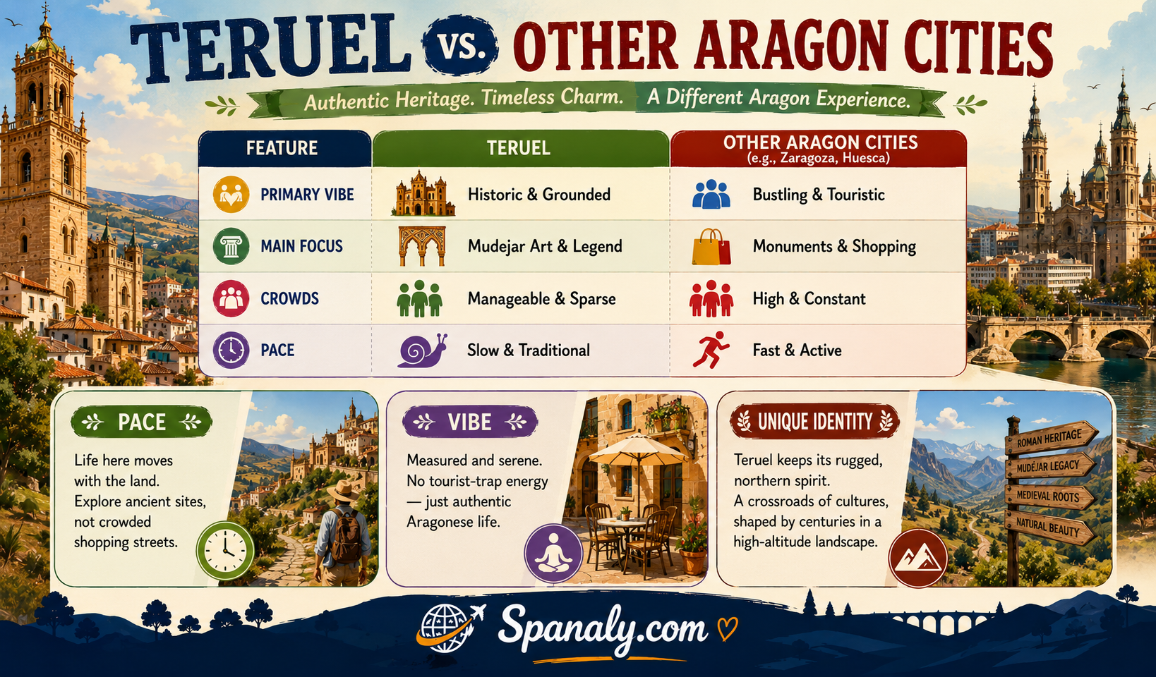 Colorful travel infographic comparing Teruel with other Aragon cities, highlighting visitor crowds, travel pace, Mudéjar heritage, cultural atmosphere, historic charm, and authentic local experiences in Spain.