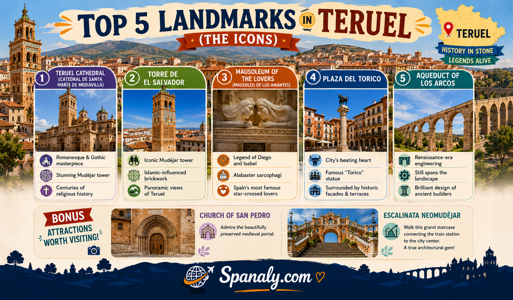 Colorful travel infographic showcasing the top landmarks in Teruel, Spain, including Teruel Cathedral, Torre de El Salvador, Mausoleum of the Lovers, Plaza del Torico, Aqueduct of Los Arcos, and other historic Mudéjar attractions.