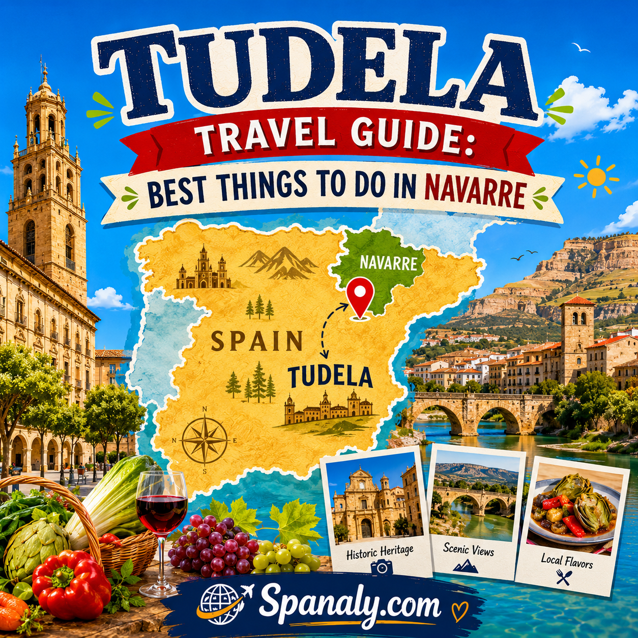 Colorful illustrated travel guide cover for Tudela, Spain, featuring a map of Spain with Tudela highlighted, historic landmarks, the Ebro River, Navarre landscapes, local gastronomy, and iconic attractions in a vibrant flat vector style.