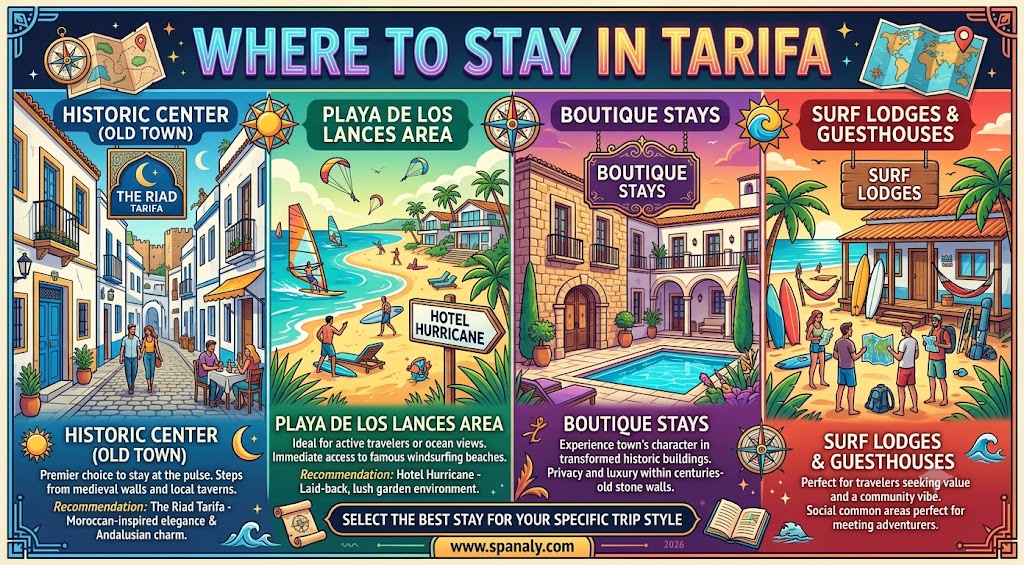 An infographic guide to the best areas to stay in Tarifa, Spain, comparing historic old town hotels, beach resorts, and surf lodges for travelers.