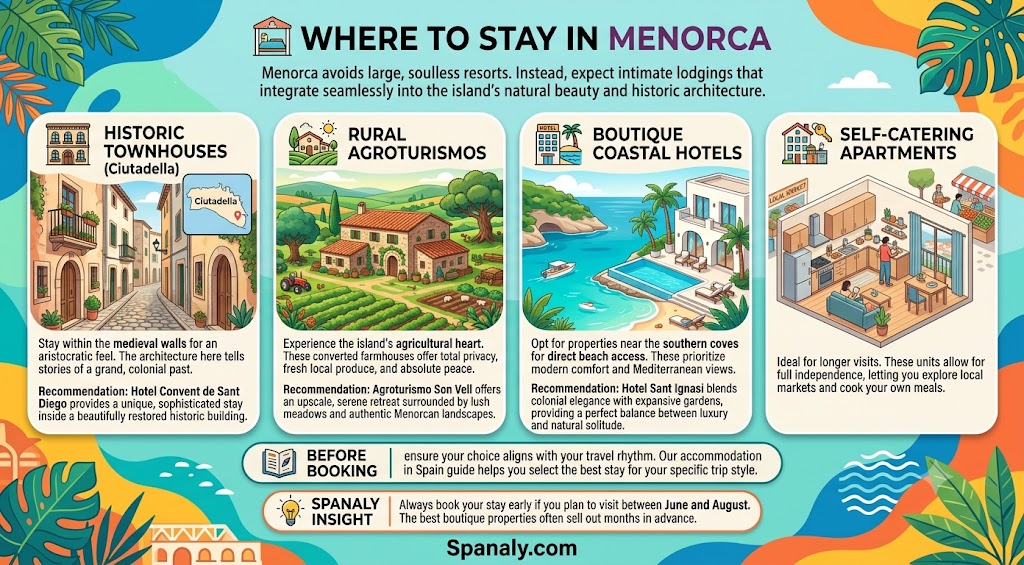 Colorful infographic guide on where to stay in Menorca, featuring options for historic townhouses in Ciutadella, rural agroturismos, boutique coastal hotels, and self-catering apartments for a perfect island trip.