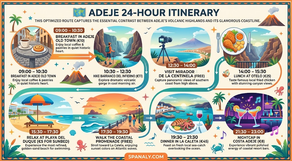 A colorful travel itinerary infographic for a 24-hour trip to Adeje, Tenerife, mapping out hourly activities from morning hiking and sightseeing to evening dining and nightlife.