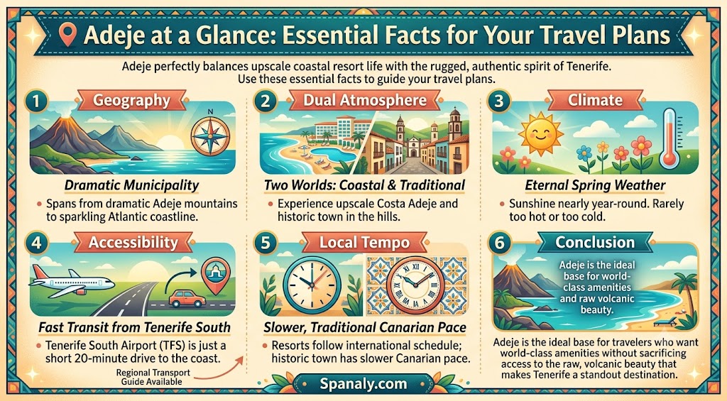 A vibrant travel infographic summarizing essential facts about Adeje, Tenerife, covering geography, climate, accessibility, and local culture for tourists.