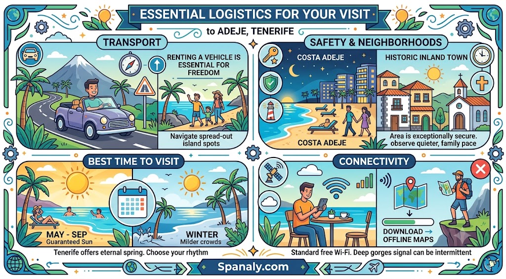 A colorful travel infographic providing essential logistics for visiting Adeje, Tenerife, covering transportation tips, safety advice, best visiting times, and connectivity for tourists.