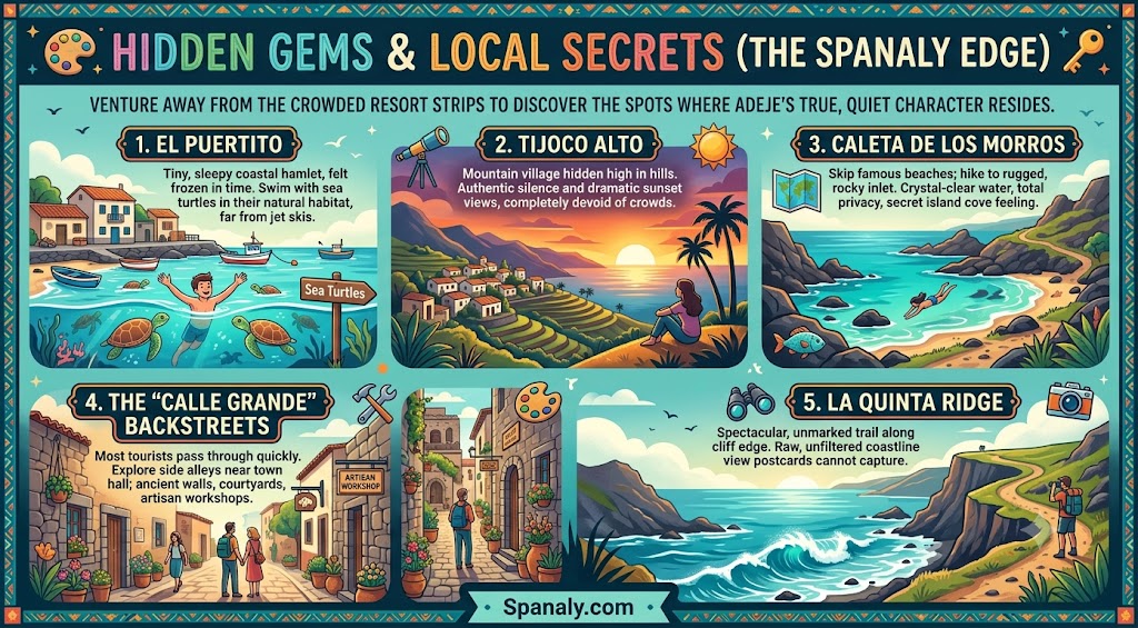 A colorful infographic revealing hidden gems and secret spots in Adeje, Tenerife, including El Puertito, mountain villages, and secluded coastal coves for off-the-beaten-path travelers.
