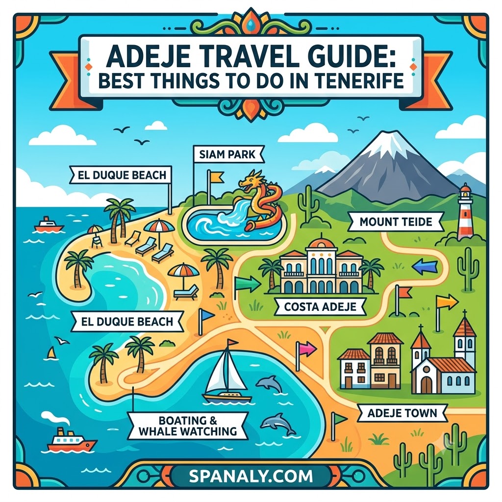 A colorful infographic map highlighting top tourist attractions in Adeje, Tenerife, including beaches, Siam Park, and local landmarks for travelers.