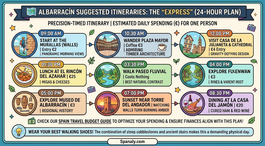 A detailed 24-hour travel itinerary infographic for Albarracín, Spain, featuring hourly schedules, estimated costs, and must-visit landmarks for a perfect one-day trip.