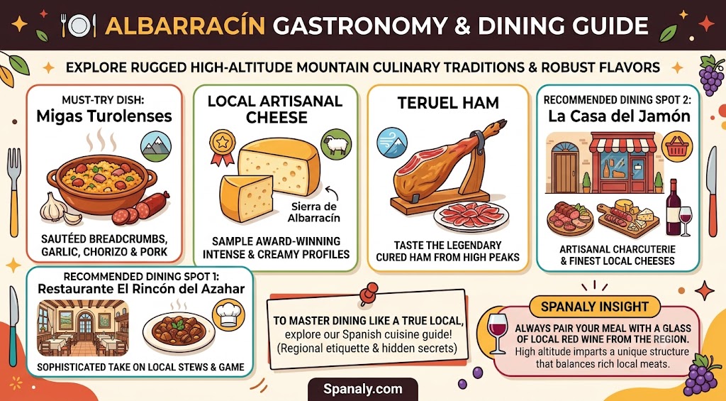Infographic dining guide for Albarracín, featuring must-try local dishes like Migas Turolenses, artisanal Sierra de Albarracín cheese, Teruel ham, and top restaurant recommendations.