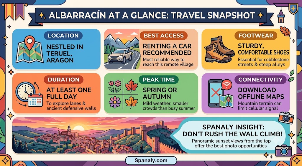 Infographic guide showing essential travel tips for visiting the medieval village of Albarracín, including logistics, best time to visit, and local insights.