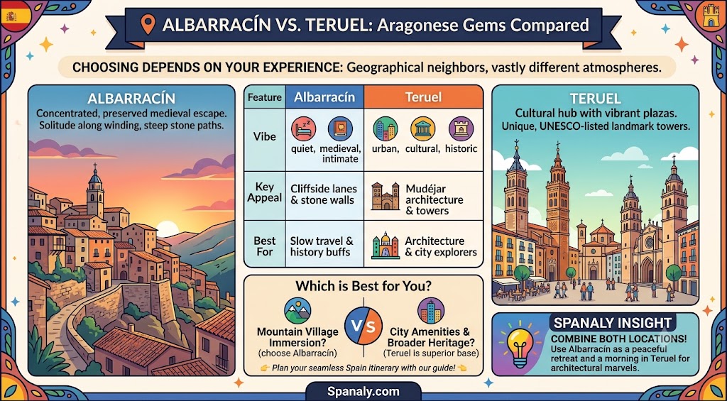 Comparison infographic of Albarracín versus Teruel, highlighting the vibe, architecture, and key attractions of these two historic destinations in Aragon, Spain.