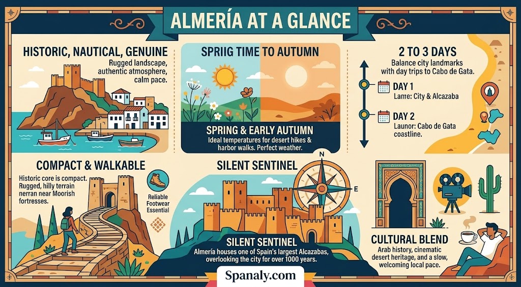 A colorful infographic summary of Almería featuring its historic Alcazaba, ideal travel times, and tips for a 3-day visit.