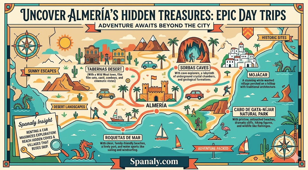 A colorful infographic map highlighting the best day trips from Almería, including the Tabernas Desert, Sorbas Caves, Mojácar, and Cabo de Gata-Níjar Natural Park.