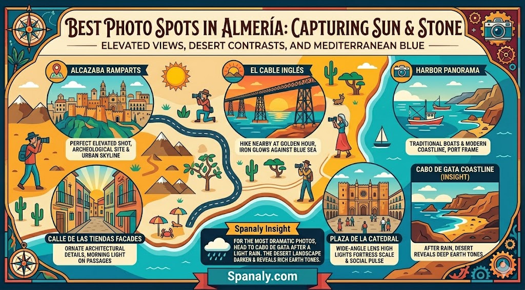 An epic infographic map and featured image illustrating the best photography locations in Almería, including the Alcazaba, Cable Inglés, and unique coastal spots, with dramatic desert-meets-sea composition.