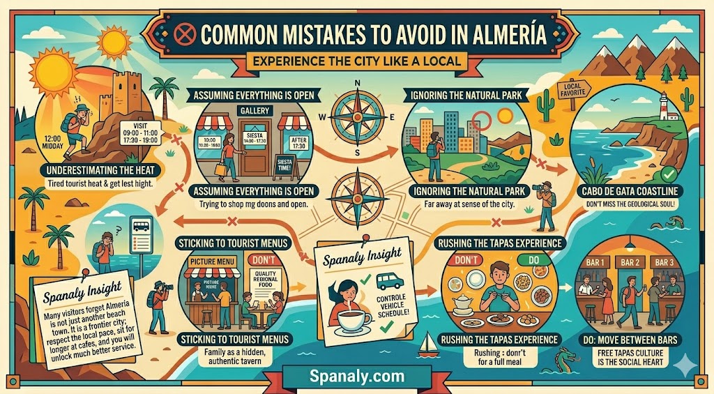 A colorful infographic guide on common mistakes to avoid in Almería, featuring tips on managing desert heat, siesta schedules, and authentic tapas experiences.
