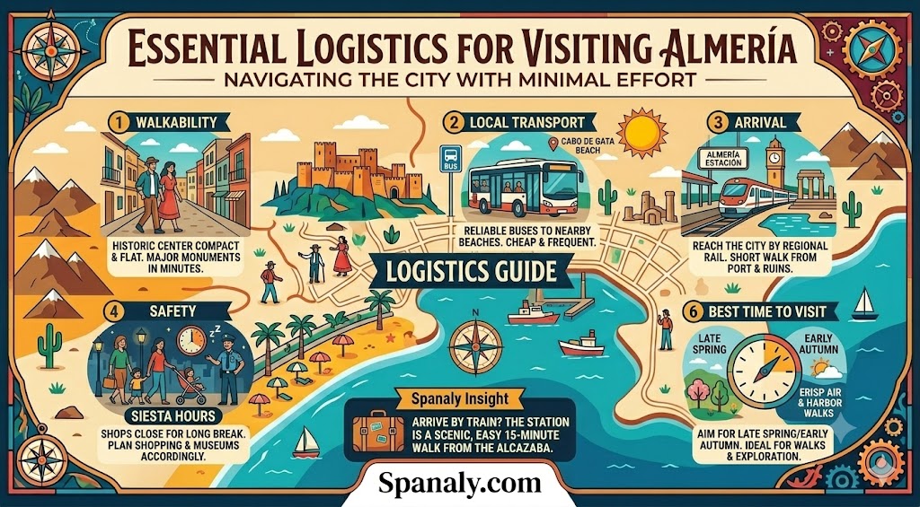 A colorful infographic travel guide to Almería, covering essential logistics like walkability, local transport, arrival tips, and the best time to visit.
