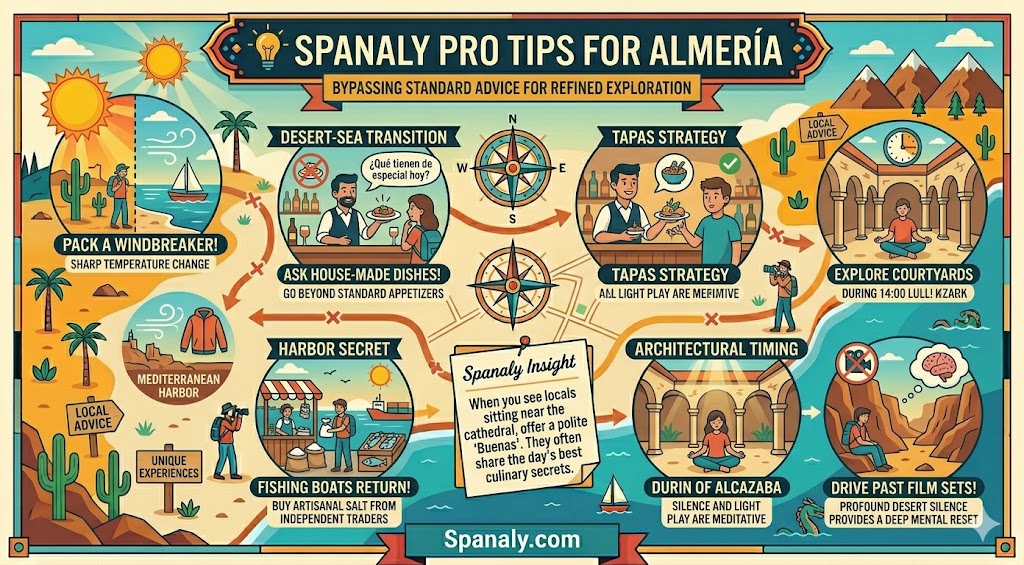 A colorful infographic map featuring expert Spanaly travel tips for Almería, including advice on desert-sea weather, local tapas, and hidden landmarks.