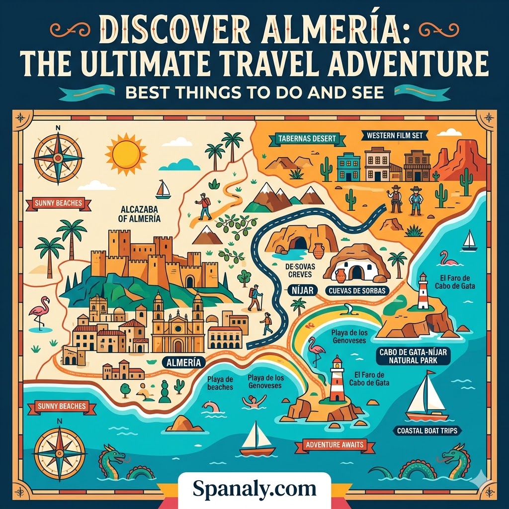 An epic illustrated travel map of Almería showcasing top attractions like the Alcazaba, Tabernas Desert, and Cabo de Gata for a complete travel guide.