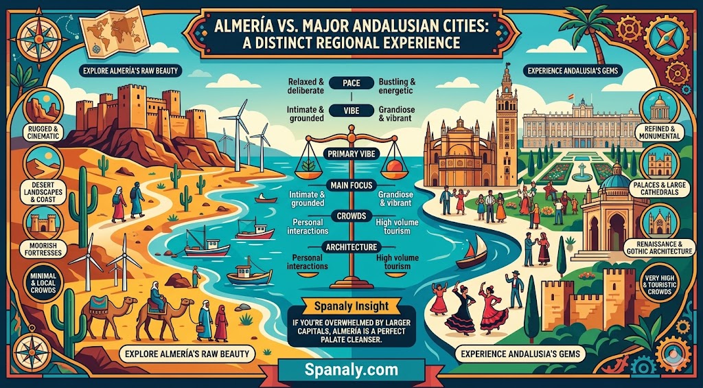 A comparison infographic showing the travel differences between Almería and major Andalusian cities, focusing on landscape, crowd levels, and architecture.