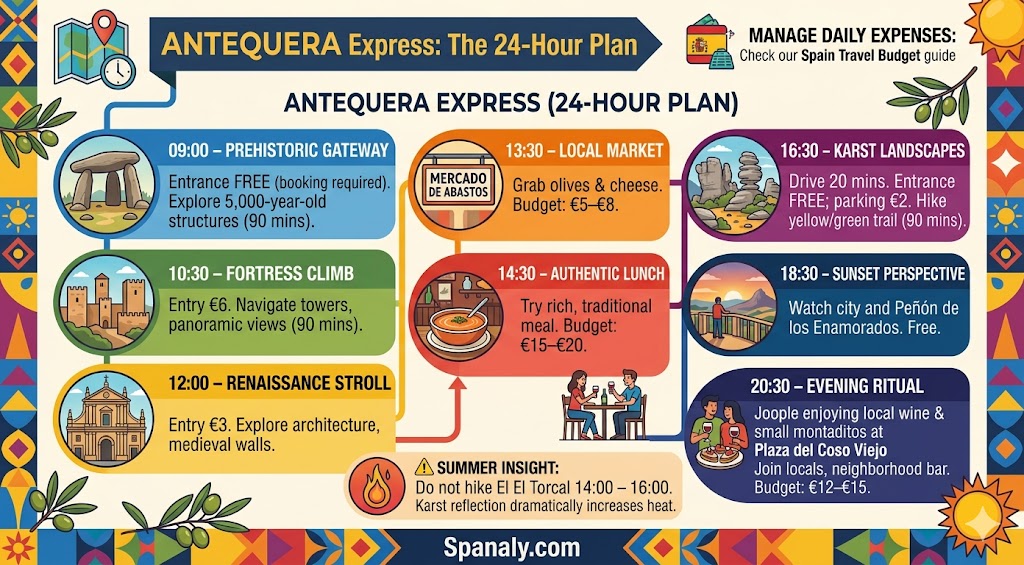 An infographic 24-hour travel itinerary for Antequera, Spain, featuring a timed schedule for visiting the Dolmens, Alcazaba, El Torcal, and local dining spots for a trip.