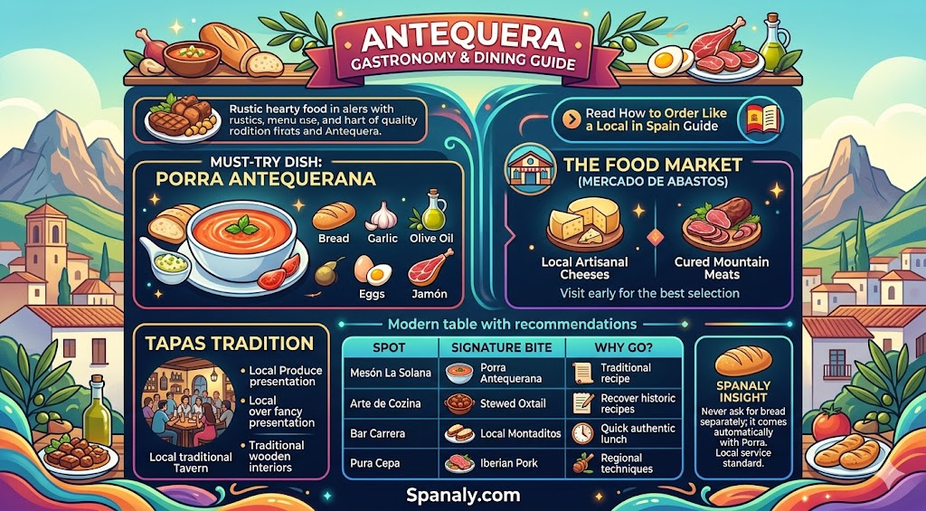 An infographic culinary guide to Antequera, Spain, featuring must-try Porra Antequerana, local food markets, and traditional tavern dining recommendations