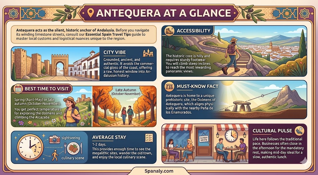 An infographic summarizing key travel insights for Antequera, Spain, including best visit times, city vibes, and cultural tips for a trip.