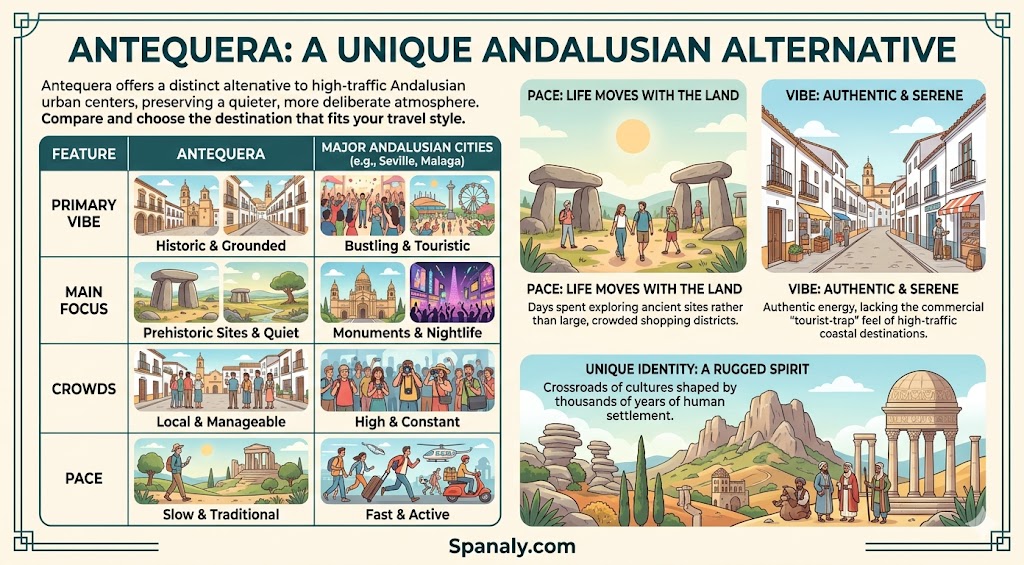 Comparison infographic showing why Antequera, Spain offers a unique, serene alternative to bustling major Andalusian cities for travelers
