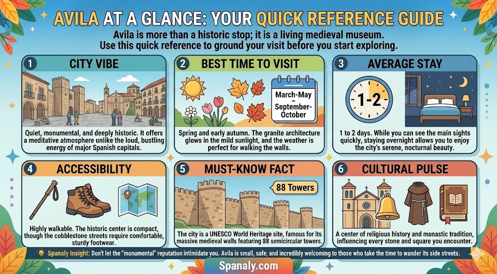 Infographic guide providing an "Avila at a Glance" quick reference for travelers, including city vibe, best time to visit, accessibility tips, and UNESCO heritage facts.