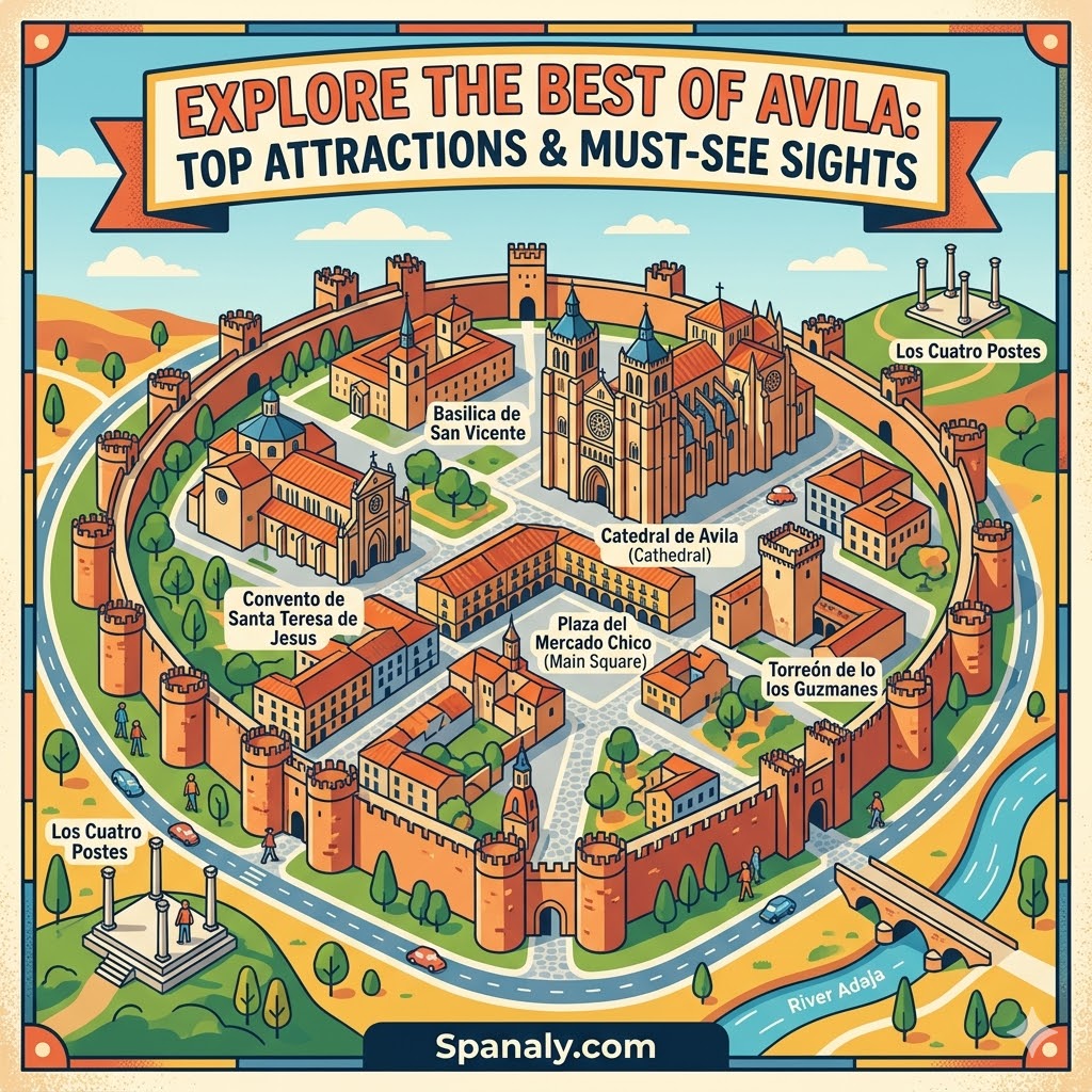 An illustrated map of Avila, Spain, highlighting famous attractions like the medieval walls, Cathedral of Avila, and Basilica of San Vicente for travel planning.