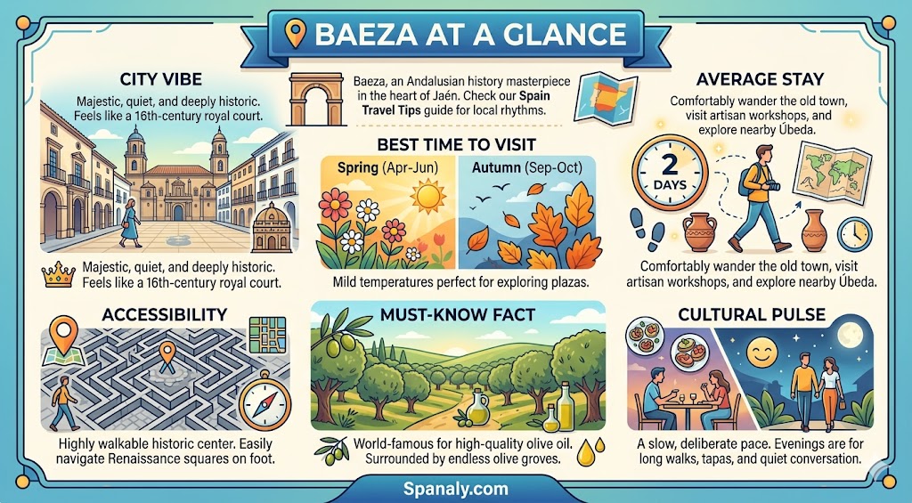 An infographic highlighting the essential travel information for Baeza, Spain, featuring its historic city vibe, best time to visit, and local olive oil culture.