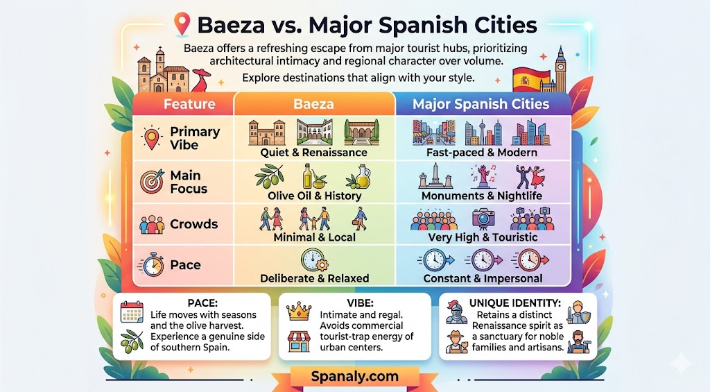 A comparison infographic showing the differences between Baeza and major Spanish cities, highlighting vibes, pace, and unique cultural identity for travel planning.