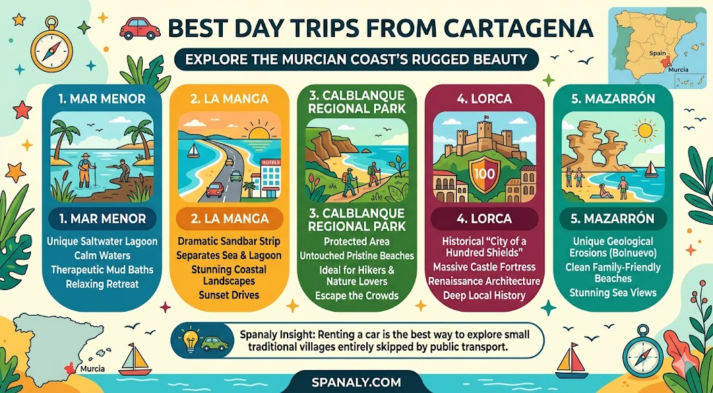 Infographic featuring the best day trips from Cartagena, Spain, including Mar Menor, La Manga, Calblanque Regional Park, Lorca, and Mazarrón for travelers.