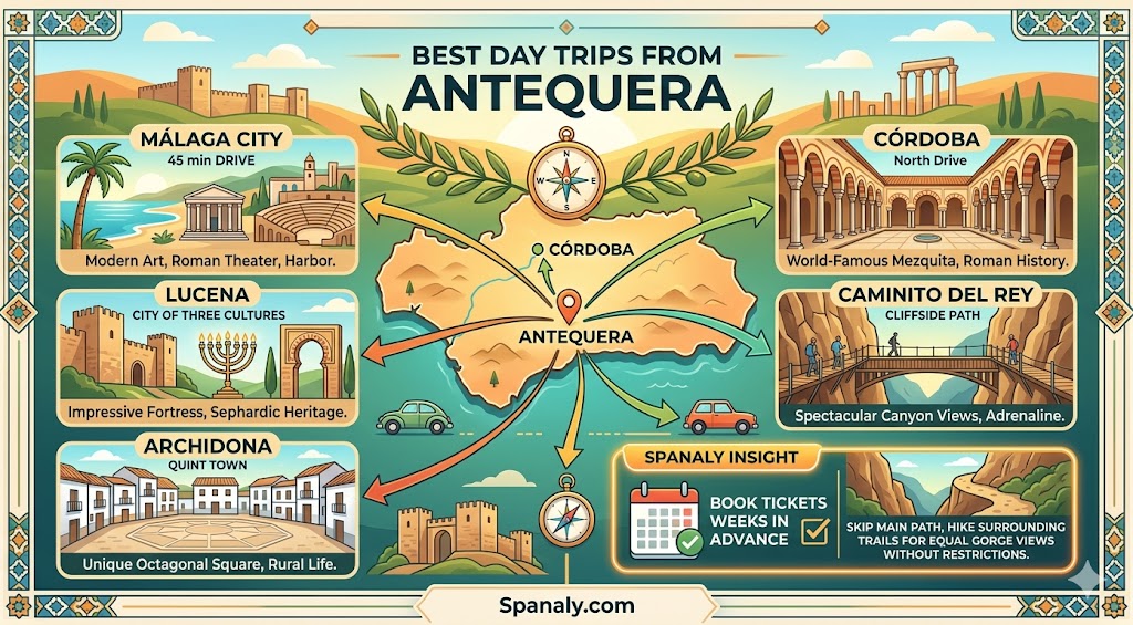 An infographic showing top day trips from Antequera, Spain, including Málaga, Córdoba, Lucena, and Caminito del Rey, with expert travel tips for a itinerary.