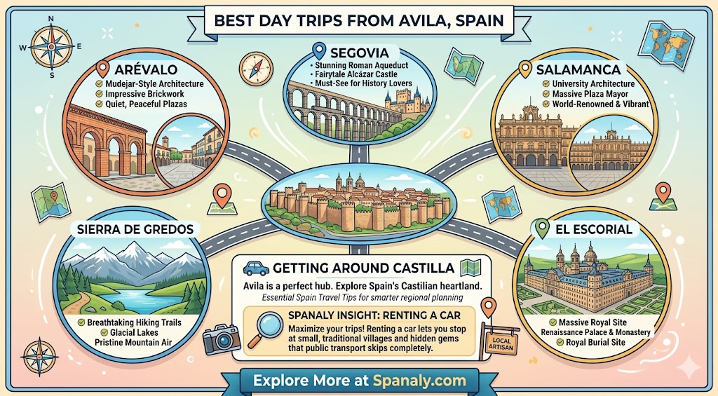 Infographic guide listing top day trips from Avila, Spain, including Segovia, Salamanca, El Escorial, Sierra de Gredos, and travel tips for exploring the Castilian region.