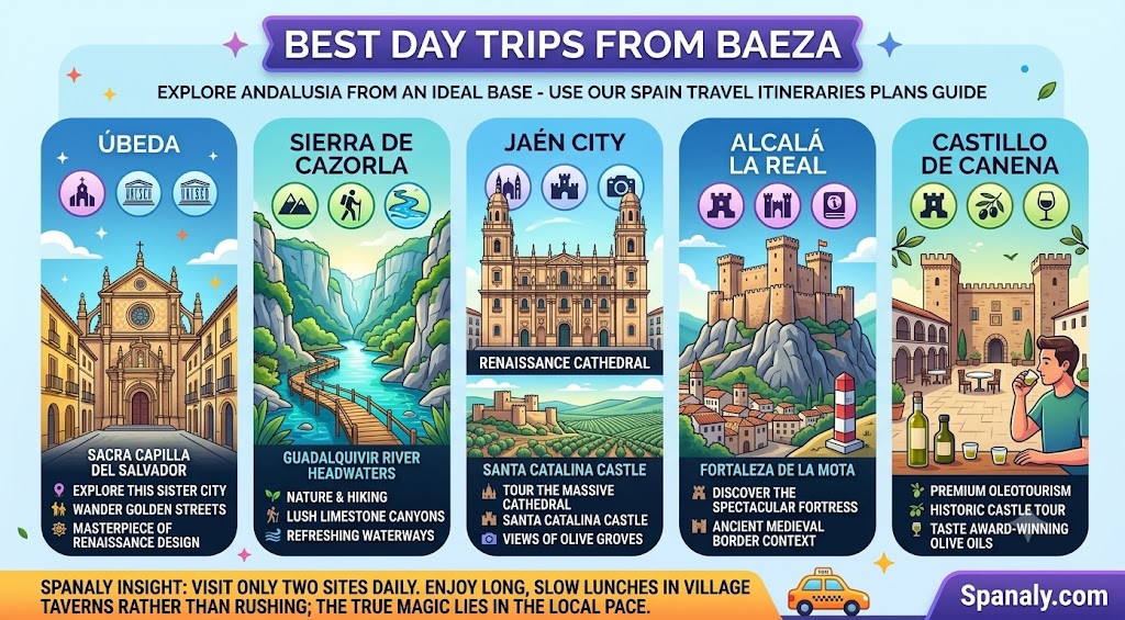 A colorful travel infographic highlighting the best day trips from Baeza, Spain, including visits to Úbeda, Sierra de Cazorla, Jaén, and local olive oil estates.