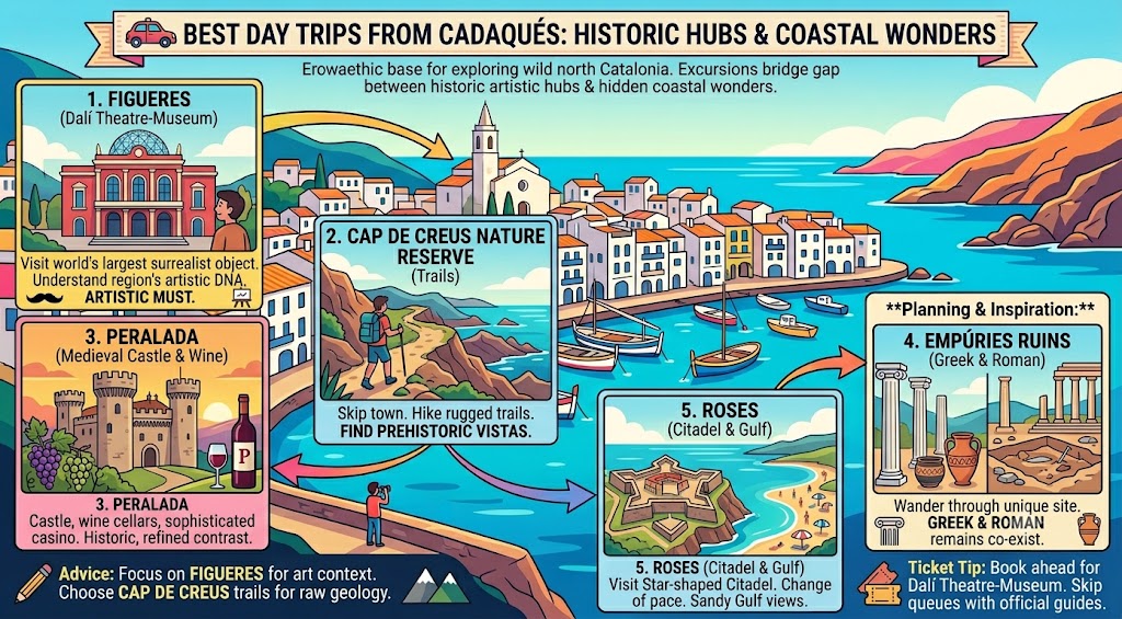 An infographic guide to the best day trips from Cadaqués, featuring Figueres, Cap de Creus, Peralada, Empúries ruins, and Roses for coastal exploration.