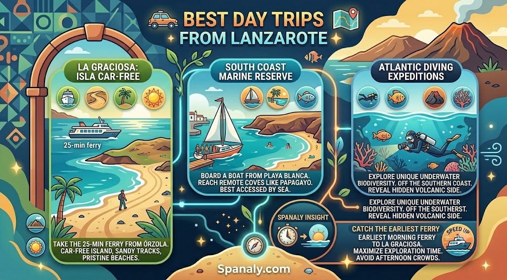 Colorful infographic guide for the best day trips from Lanzarote, featuring ferry routes to La Graciosa, boat trips to South Coast marine reserves, and diving expeditions