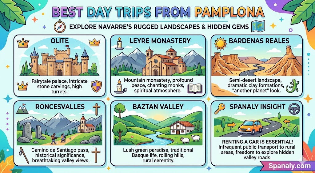 Infographic guide showcasing the best day trips from Pamplona, Spain, featuring Olite, Leyre Monastery, Bardenas Reales, Roncesvalles, and Baztan Valley.